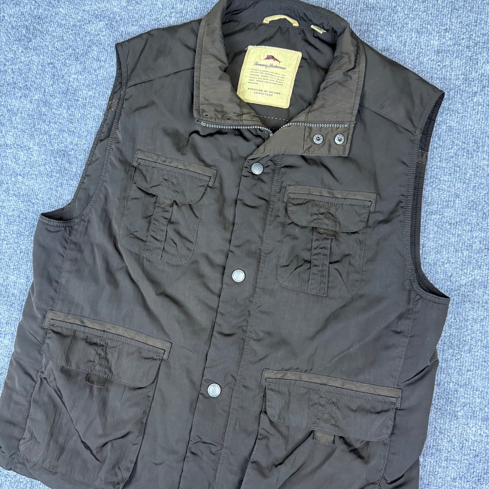 Tommy Bahama Mens Quilted Vest Brown Nylon Utility Pockets Zip Front Buttons LG